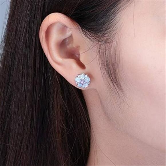 Opal Flower Stud Earrings Sterling Silver Cute Jewelry Gift for Women Girls - Picture 4 of 7